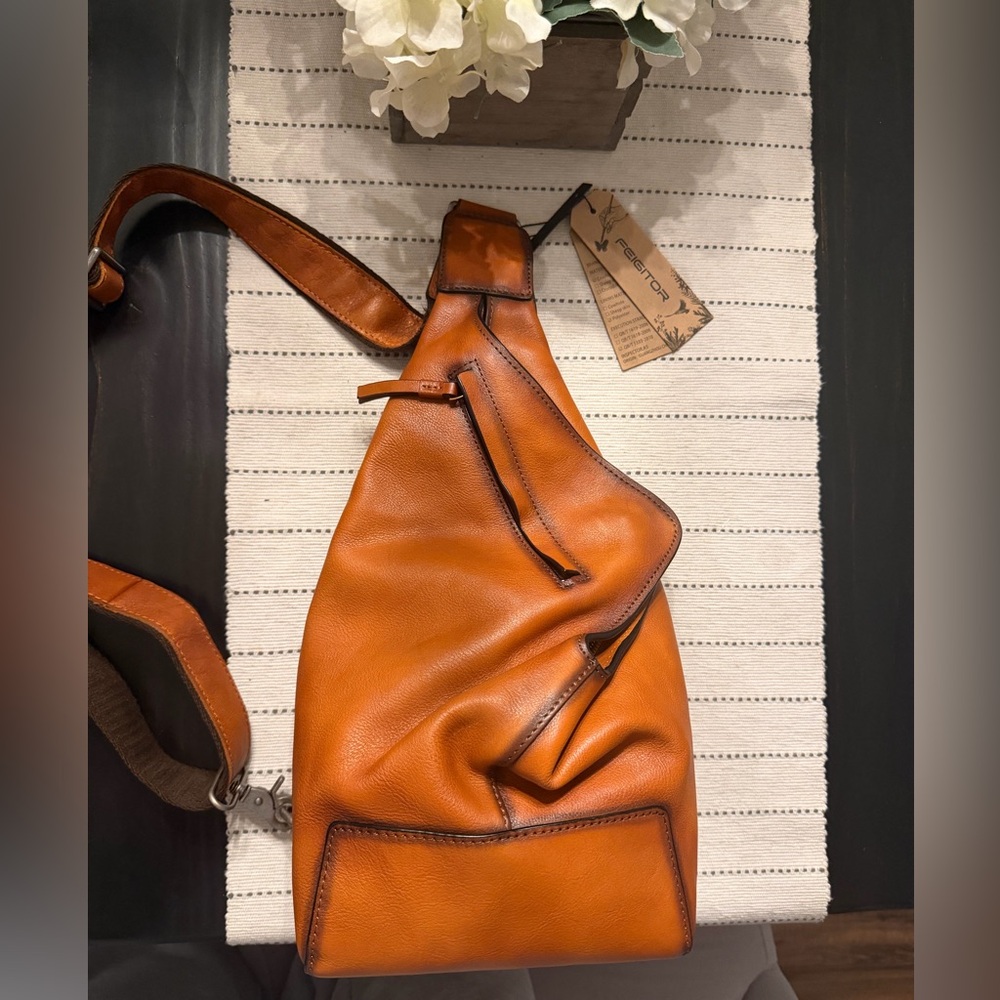 FEIGITOR Genuine Leather Sling Bag – NWT | Coffee Brown Crossbody